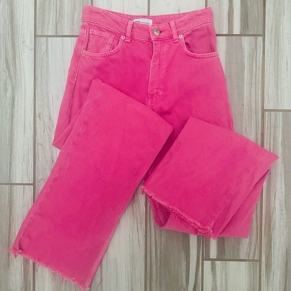 Zara: High Rise, Wide Leg, Hot Pink Jeans, 6